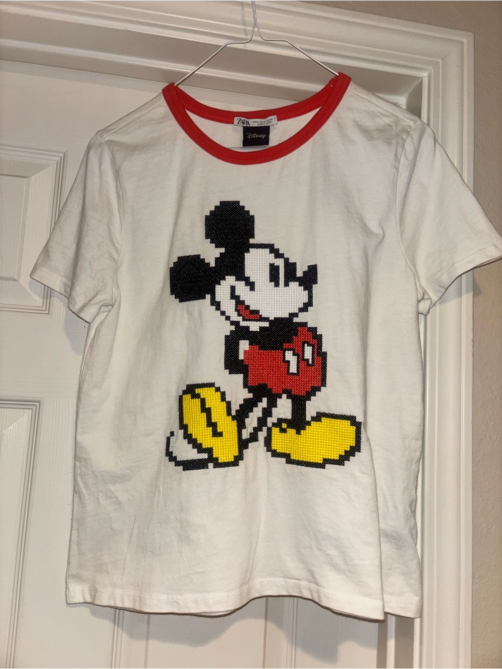 Zara women’s White Mickey Mouse Graphic Tee with Red Trim M